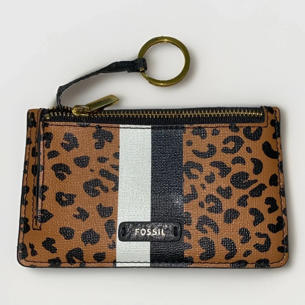 Fossil Leopard Women's Zip Card Wallet Case With Key Chain